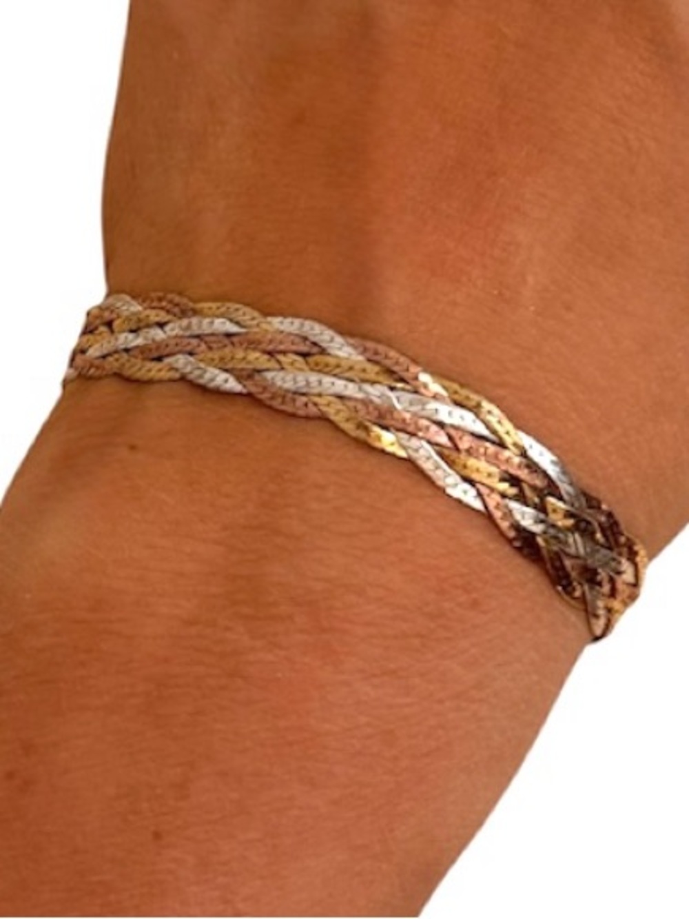 Sterling Silver 925 Tri-Tone Braided Women's Bracelet -8 inches , 8.2 mm wide